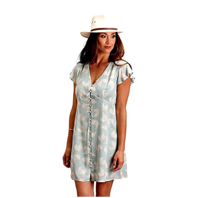Stetson Light Blue Dress with Feather Print and Herringbone Twill 1105705902025BU Light Blue Stetson ‎womens Dresses