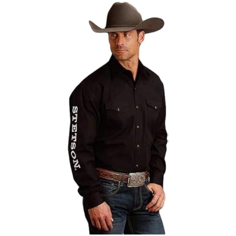 Shirts Stetson Stetson Men's Solid Logo Long Sleeve Western Shirt Black Medium