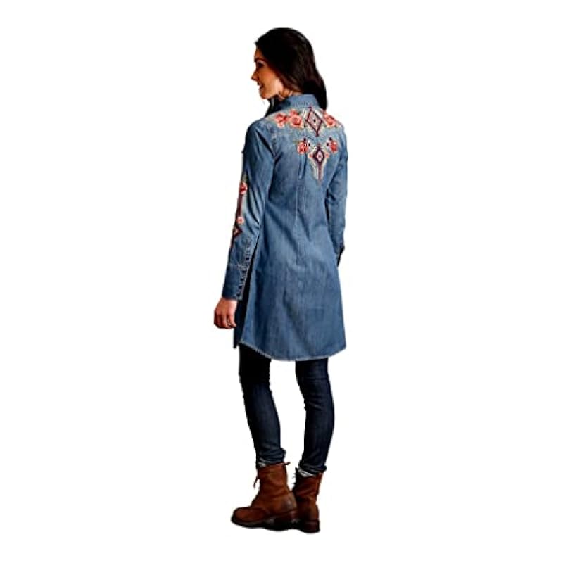 Stetson Women's Floral Embroidered Medium Wash Denim Long Sleeve Dress Blue X-Small US ‎womens Dresses Stetson