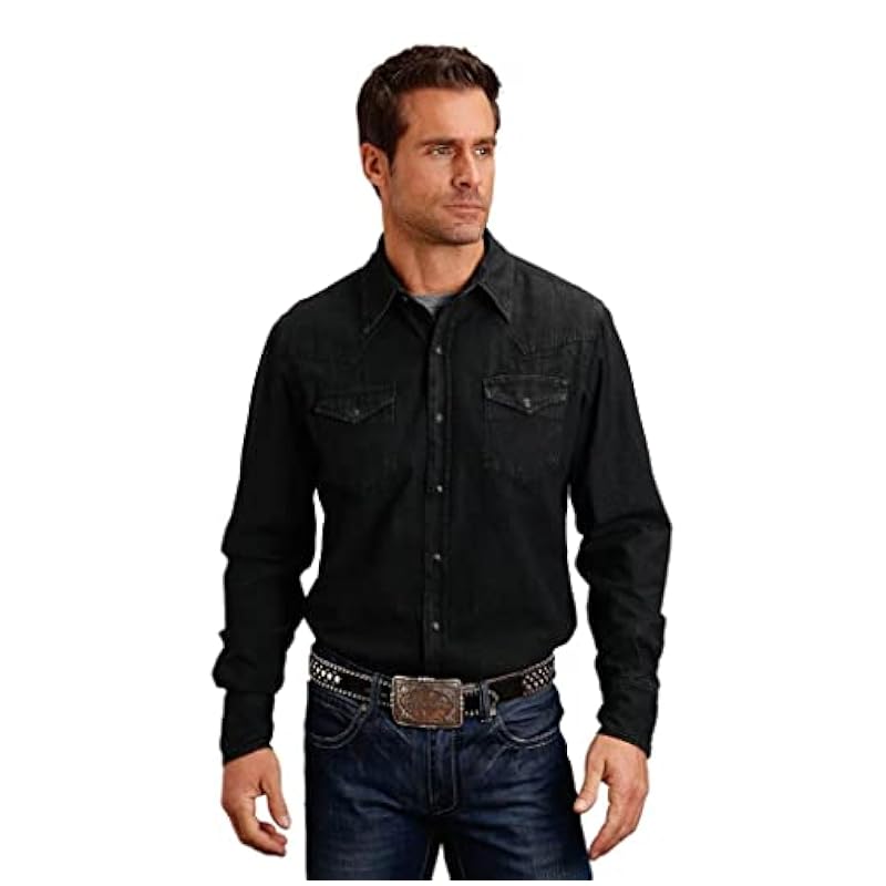 Stetson Men's Solid Denim Long Sleeve Snap Western Shirt Navy Medium Stetson Shirts