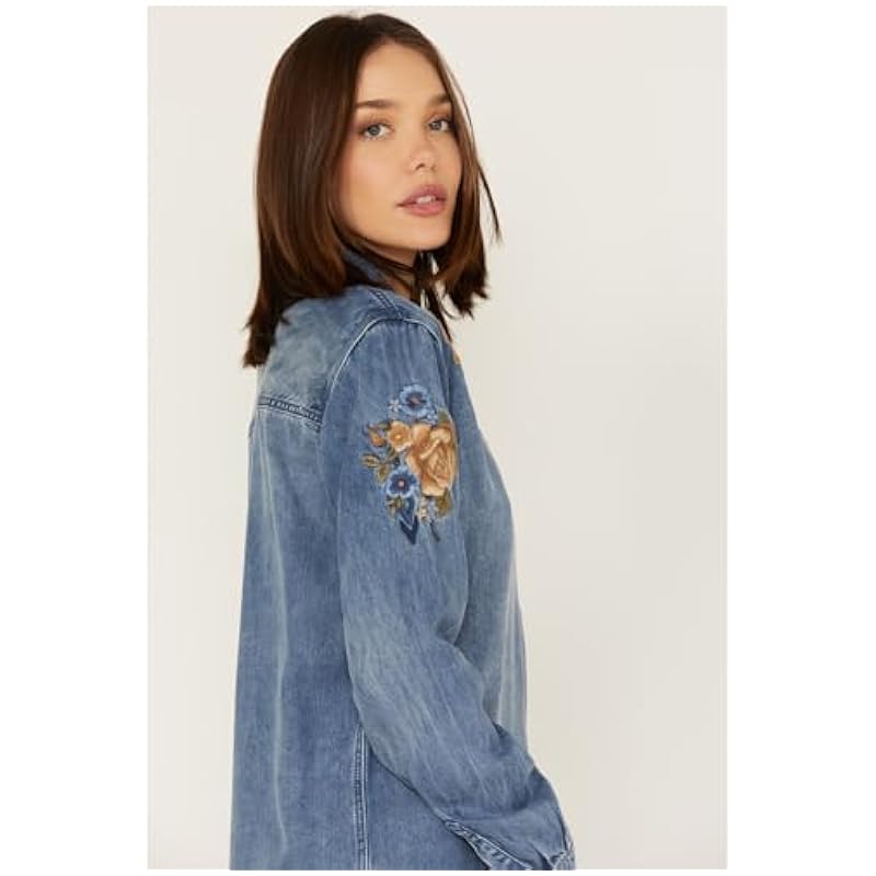 ‎womens Tops, Tees & Blouses Stetson Stetson Women's Floral Embroidered Medium Wash Long Sleeve Button Down Shirt Blue X-Large