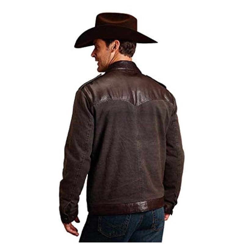 ‎Mens Jackets & Coats Stetson Stetson Western Jacket Mens Leather Canvas S Brown 11-097-0539-6623 BR