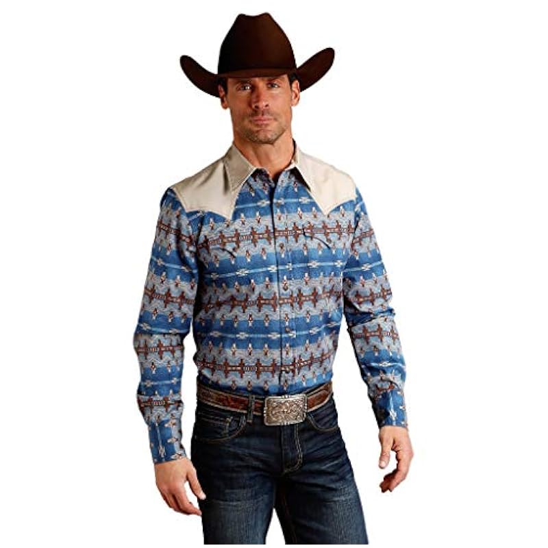 ‎mens Shirts Stetson Stetson 11-001-0425-0652BU Men's Snap Front Aztec Print Shirt (xx-Large)