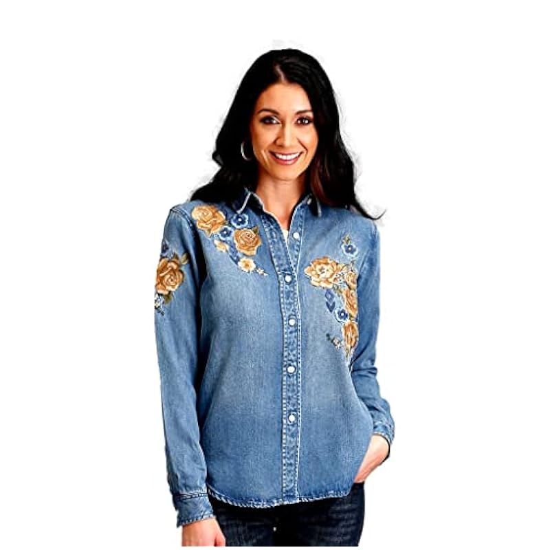 Stetson Tops, Tees & Blouses ‎womens Stetson Women's Floral Embroidered Medium Wash Long Sleeve Button-Down Shirt Blue X-Small