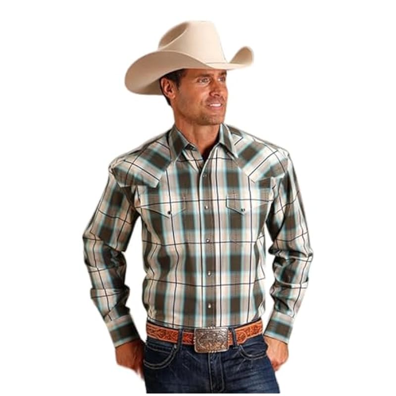 ‎mens Shirts Stetson Stetson Olive Ombre Plaid Long Sleeve - Mens Shirt