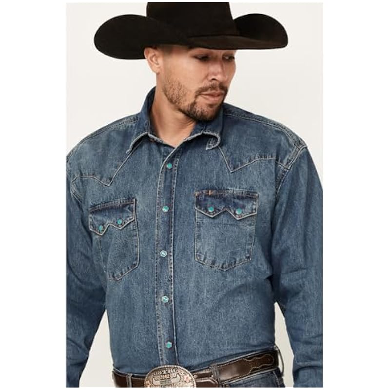 Stetson Blue Denim Men's Collared Longsleeve Snap Shirt with Turquoise Hexagon Snaps 1100104650031BU Blue ‎mens Shirts Stetson
