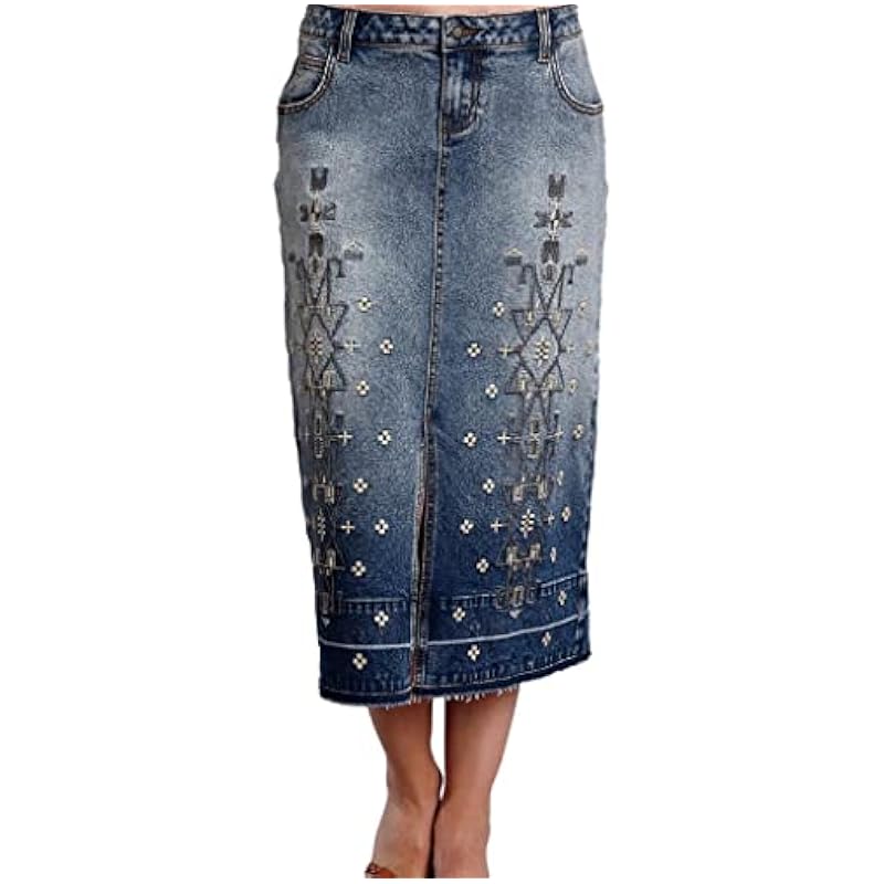 Stetson Skirts ‎womens Stetson Women's Embroidered Long Denim Skirt Blue 4