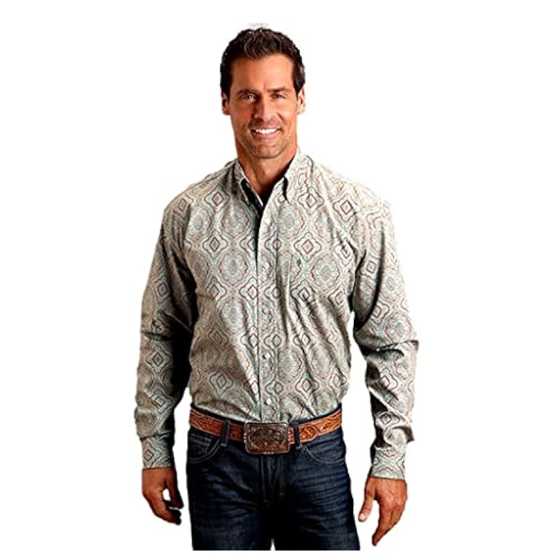 ‎mens Shirts Stetson Stetson Aqua Paisley Men's Long Sleeve Button Front Shirt 1100105260373GR Green