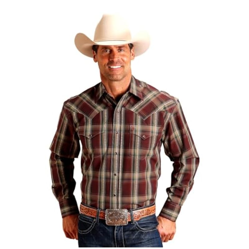 Stetson Western Shirt Mens L/S Plaid Snap L Wine 11-001-0478-0190 WI Stetson ‎mens Shirts