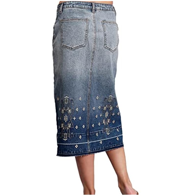 Stetson Skirts ‎womens Stetson Women's Embroidered Long Denim Skirt Blue 4