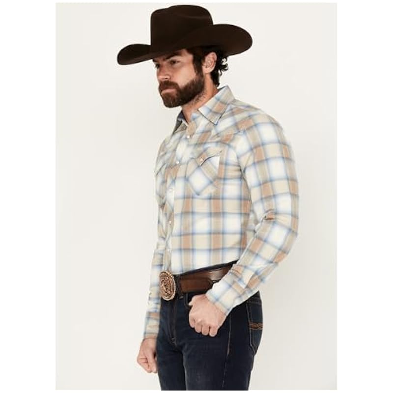 Stetson Stetson Men's Dobby Plaid Print Long Sleeve Snap Western Shirt Tan X-Large ‎mens Shirts