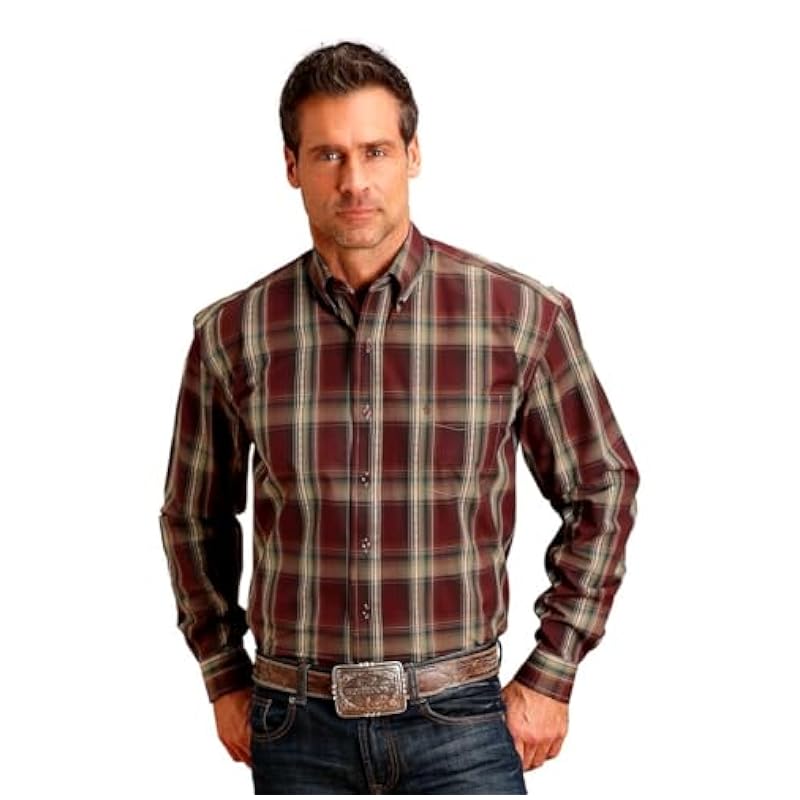 Stetson Western Shirt Mens Plaid L/S Button M Wine 11-001-0579-0190 WI Stetson ‎mens Shirts