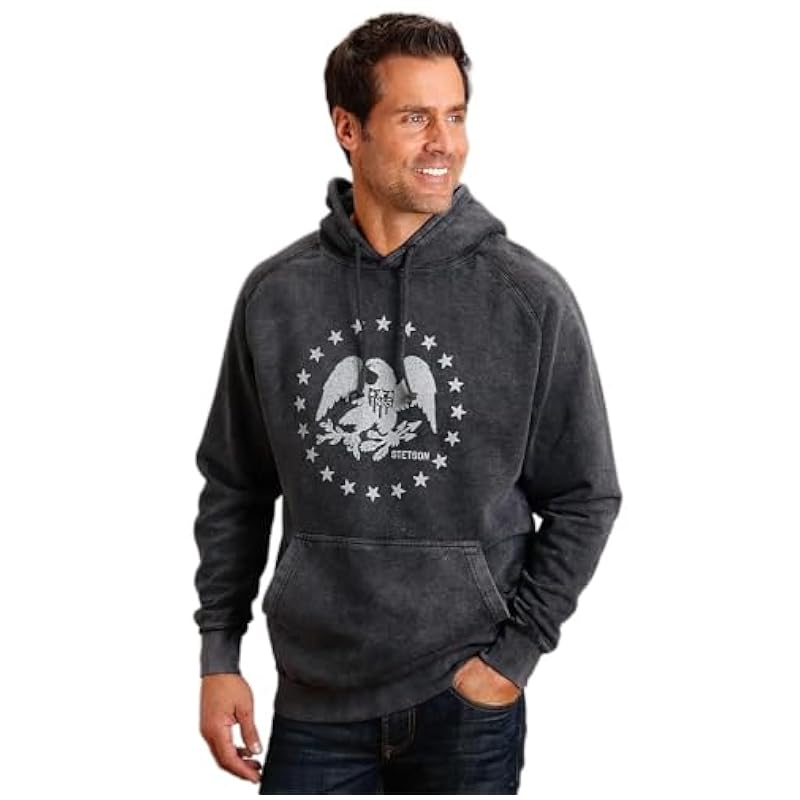 Stetson Fashion Hoodies & Sweatshirts ‎mens Stetson Mens Vintage Black Cotton Blend Eagle and Star Hoodie 2XL