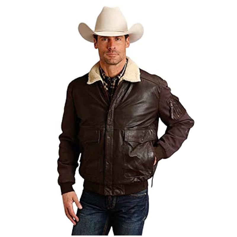 ‎mens Jackets & Coats Stetson Stetson Men's Dark Novelty Solid Leather Canvas Sleeve Jacket Brown X-Large