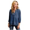 ‎womens Tops, Tees & Blouses Stetson Stetson Women's Denim Tencel 3/4 Sleeve Pesasant Top Blue X-Small