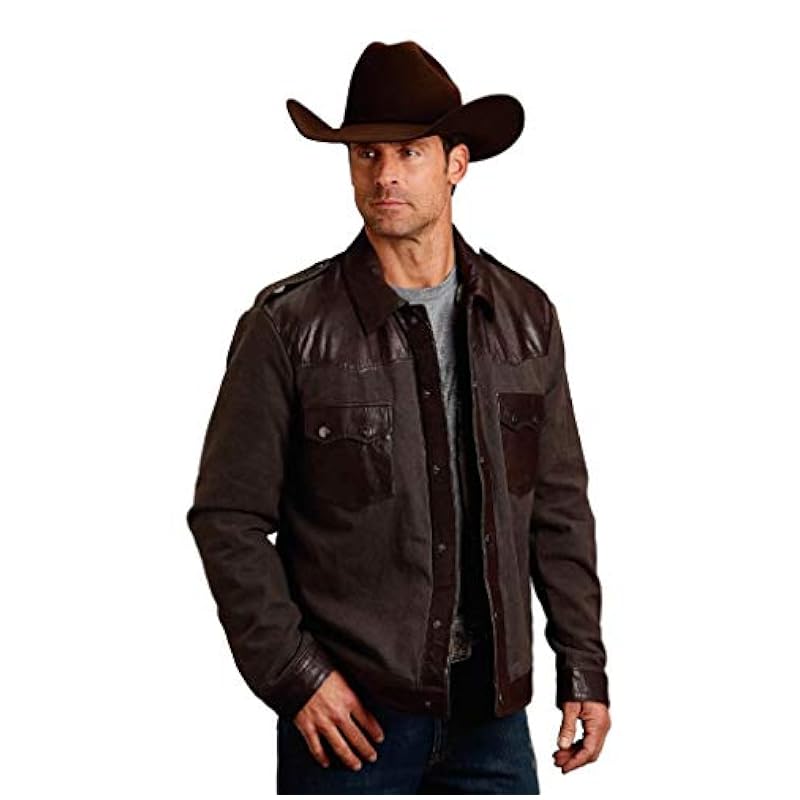 ‎Mens Jackets & Coats Stetson Stetson Western Jacket Mens Leather Canvas S Brown 11-097-0539-6623 BR