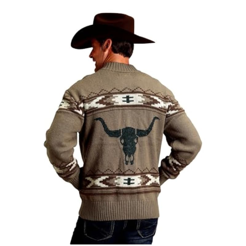 ‎men Sweaters Stetson Stetson Western Sweater Mens Longhorn Zip L Brown 11-014-0120-6068 BR