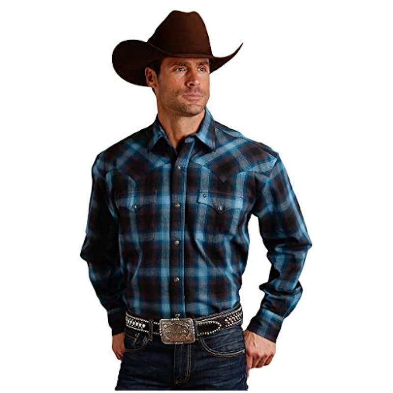 ‎mens Shirts Stetson Stetson Twill Mens Blue 100% Cotton Brown Plaid L/S Shirt S