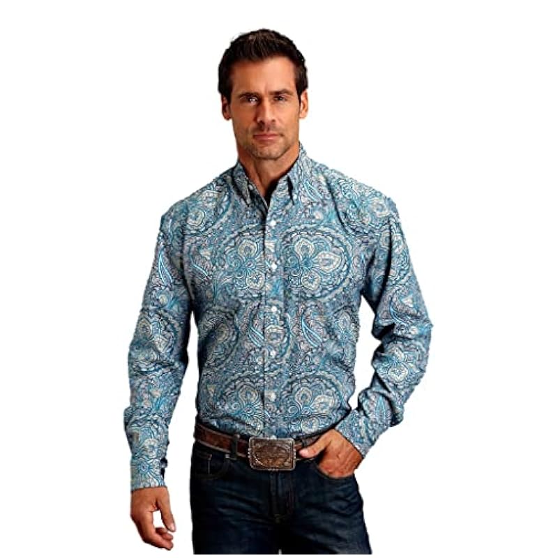 Stetson Men's Paisley Print Long Sleeve Button Down Western Shirt Blue Medium Stetson Shirts