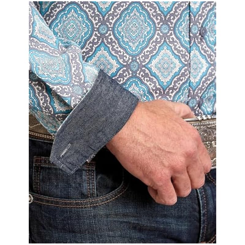 ‎mens Shirts Stetson Stetson Western Shirt Mens L/S Print L Turquoise 11-001-0526-2057 BU