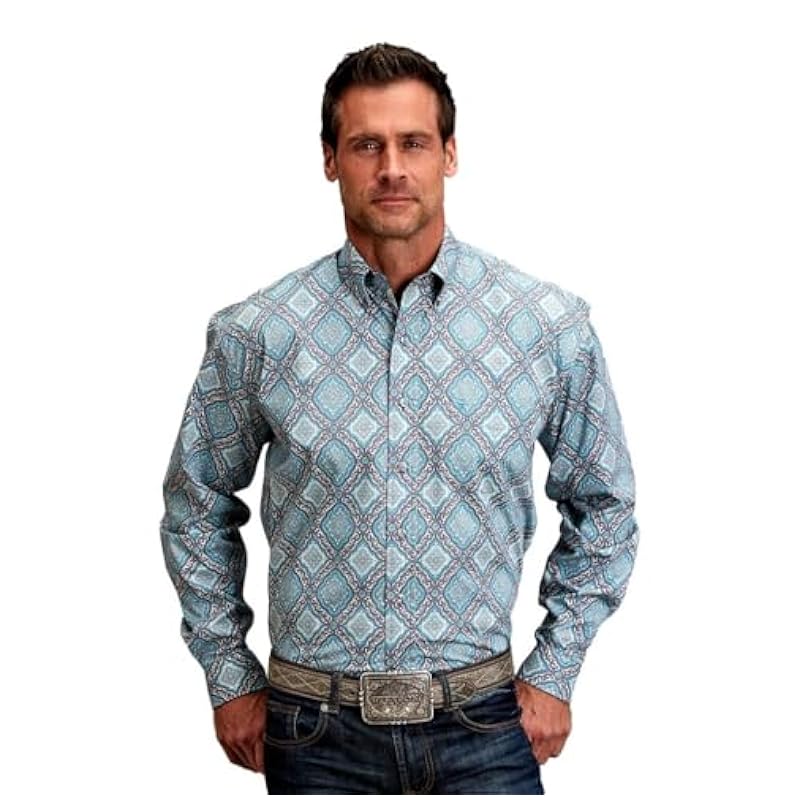 ‎mens Shirts Stetson Stetson Western Shirt Mens L/S Print L Turquoise 11-001-0526-2057 BU